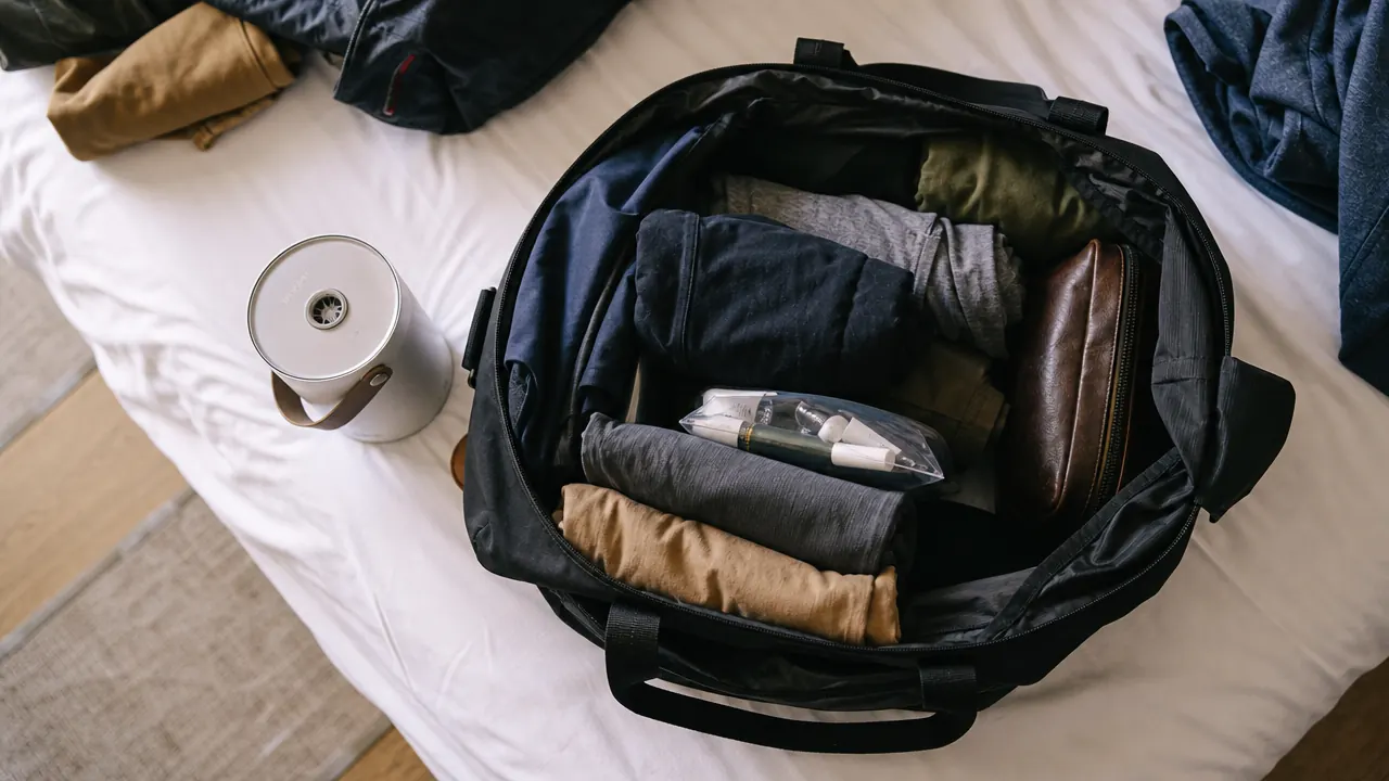 Person packing a small white noise machine into an already-full travel bag, looking uncertain about the fit