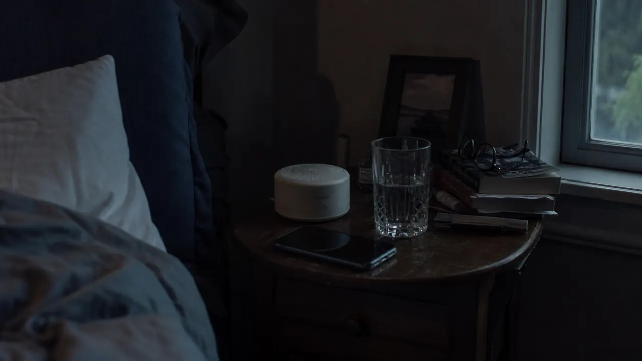 Yogasleep Dohm Classic white noise machine sitting on a cluttered nightstand next to a glass of water and a phone face-down, bedside light off