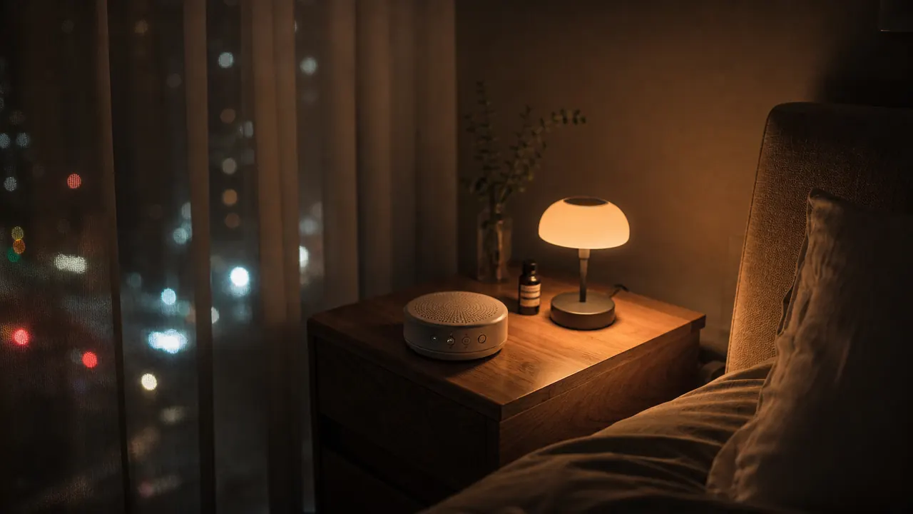 Yogasleep Dohm Classic white noise machine on a nightstand beside a dim lamp in a softly lit bedroom