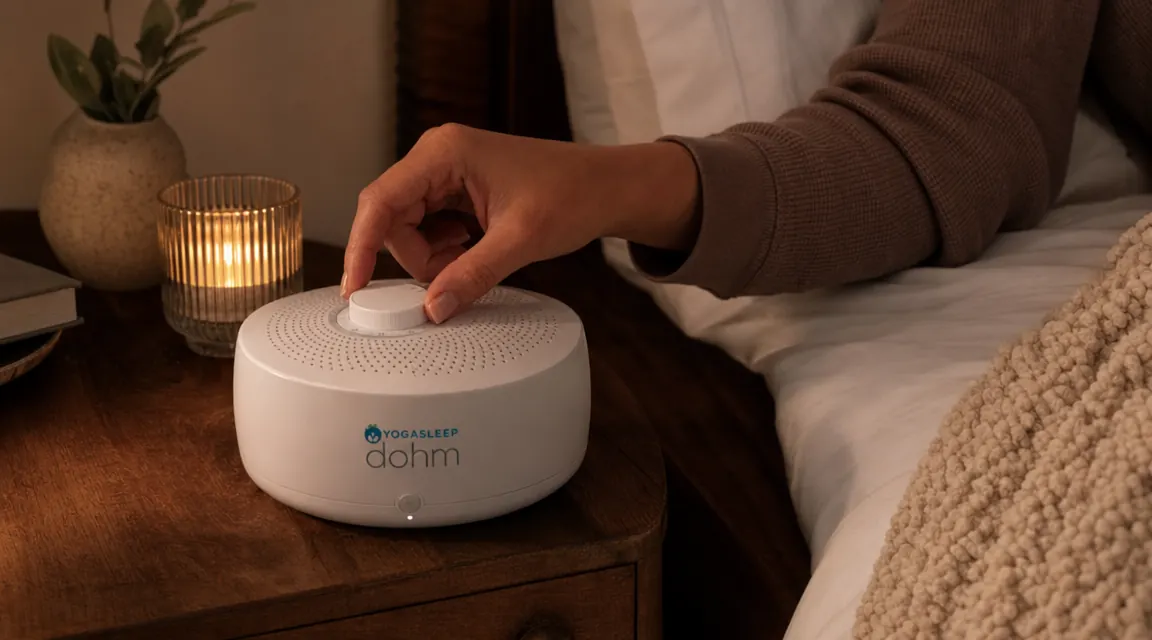 Hand adjusting the tone dial on the top of a Yogasleep Dohm white noise machine