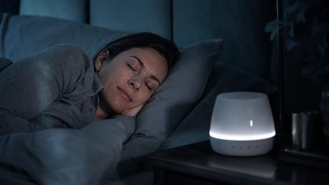 Person lying in bed with eyes closed, white noise machine visible on the nightstand, peaceful bedroom scene