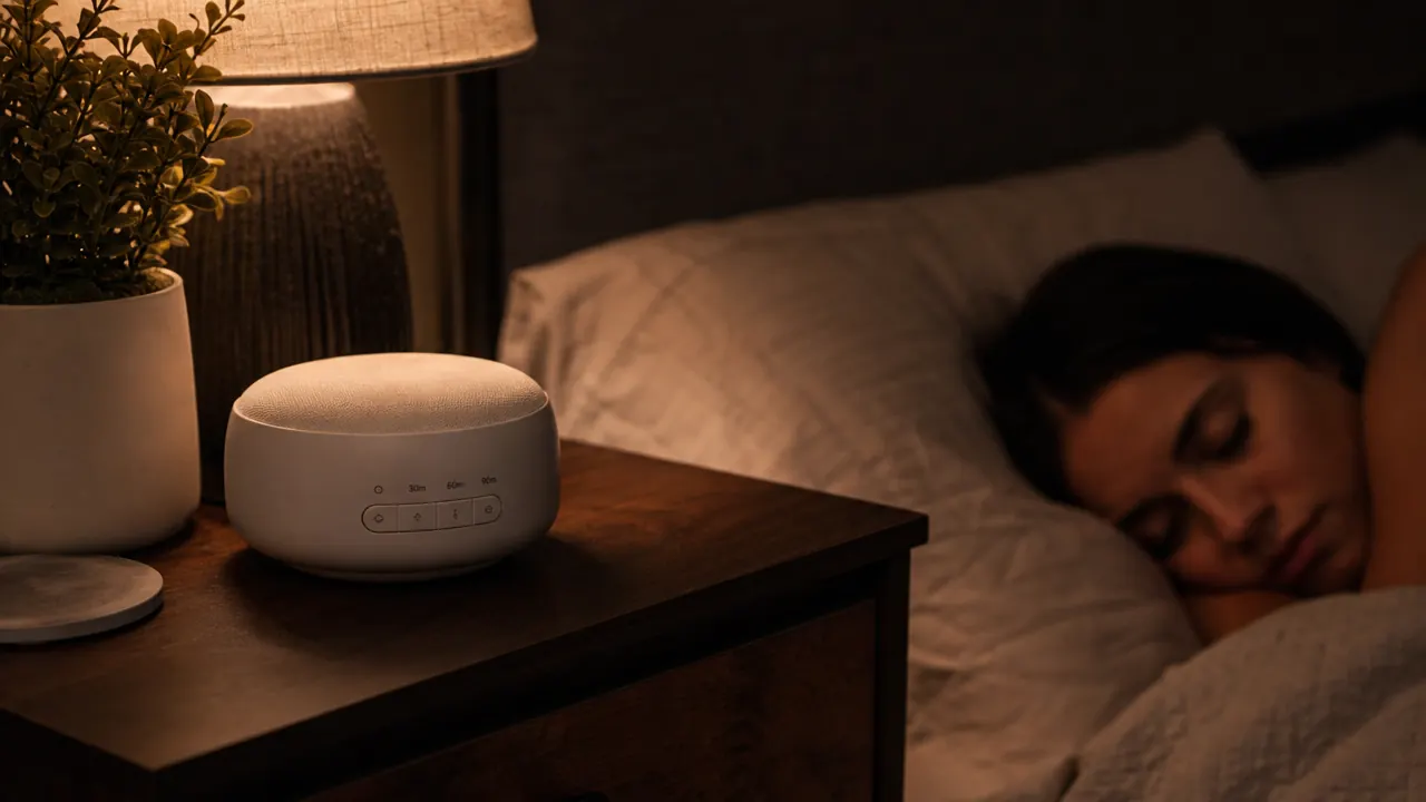 Yogasleep Dohm Classic white noise machine on a wooden nightstand beside a dim lamp in a dark bedroom